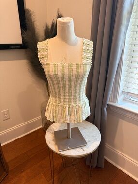 LC Lauren Conrad Green and White Smocked Square-Neck Tank